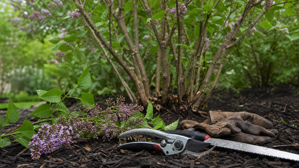 Taille du lilas après floraison : sécateur sur branche, panicules fanées