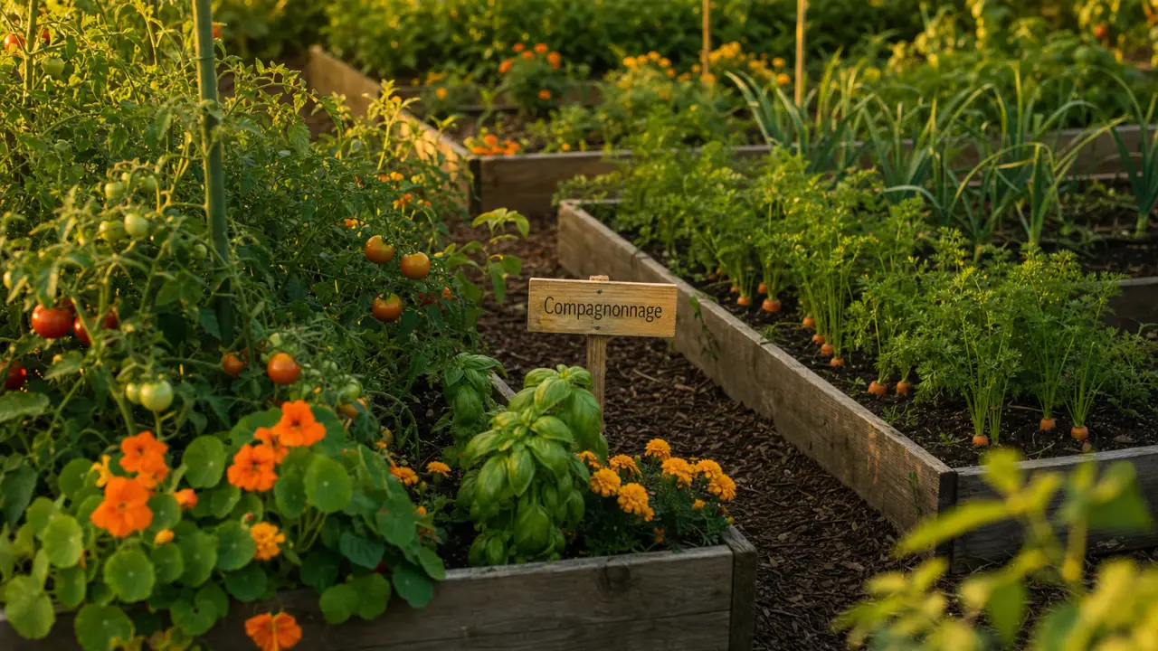 Association de plantes au potager : rangs de tomates avec basilic et fleurs (compagnonnage)