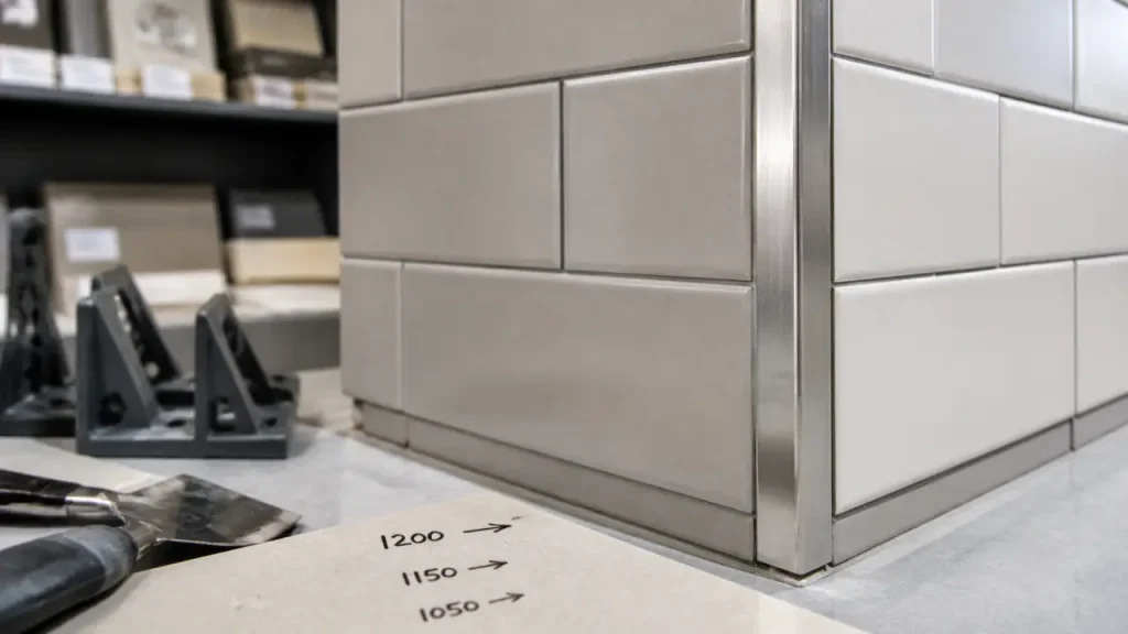 Baguettes angles carrelage en aluminium brossé sur angle sortant de crédence