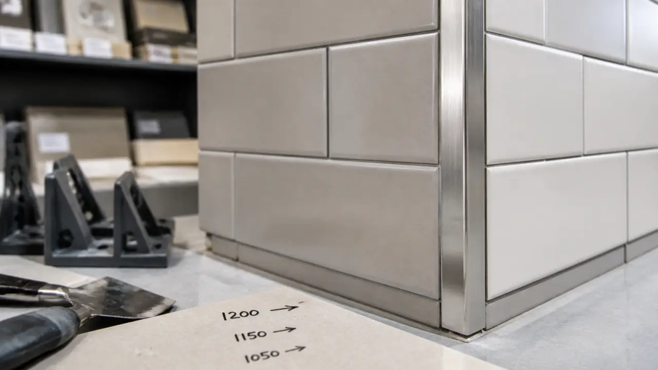 Baguettes angles carrelage en aluminium brossé sur angle sortant de crédence