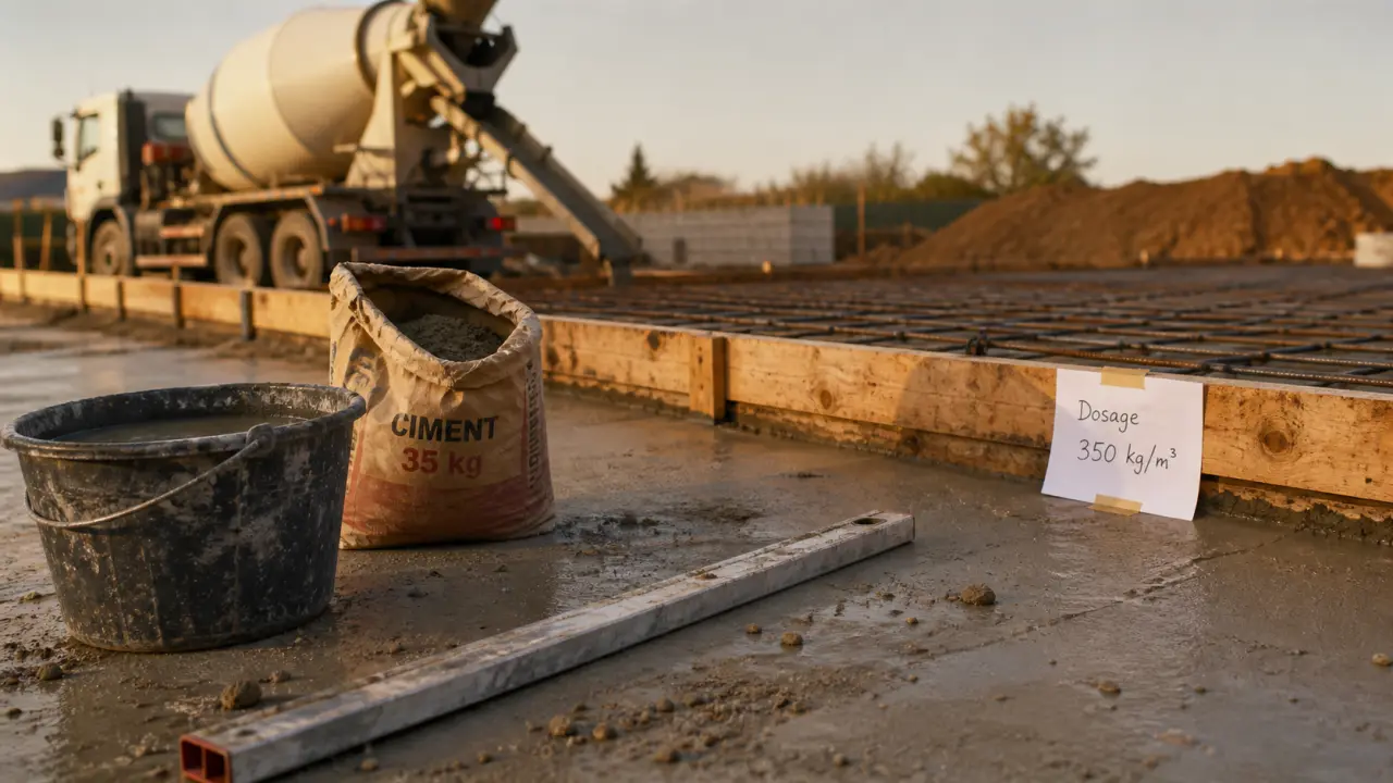 Beton dalle dosage 350 kg/m³ : eau maîtrisée, dalle fraîche