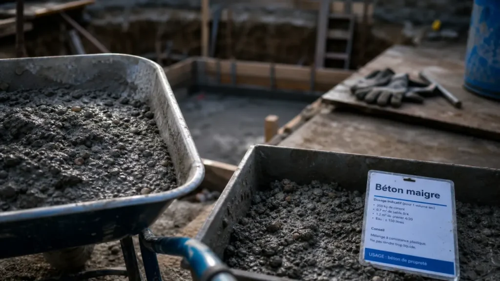 Béton maigre sur chantier : auge et béton ciment-sable-gravier
