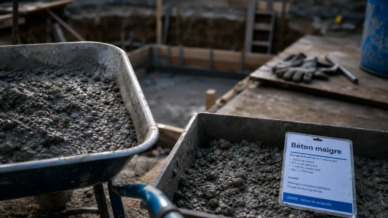 Béton maigre sur chantier : auge et béton ciment-sable-gravier