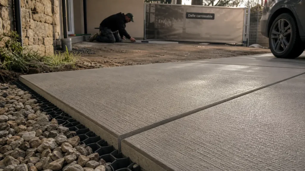 Dalle béton carrossable neuve posée, surface béton et fondation