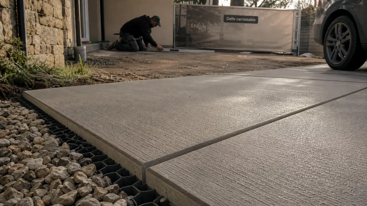 Dalle béton carrossable neuve posée, surface béton et fondation
