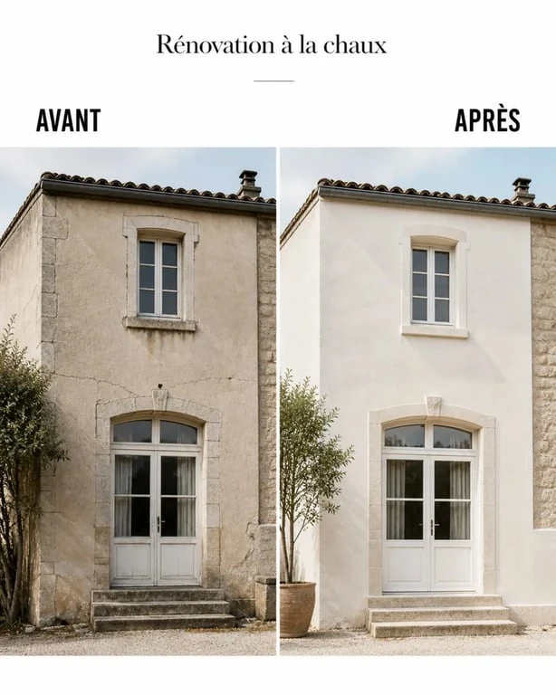 Peinture extérieur à la chaux sur façade ancienne en avant/après rénovation