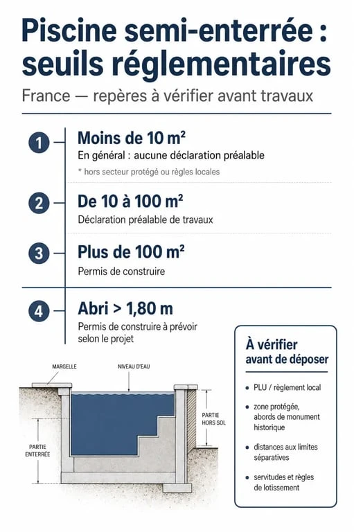 Réglementation piscine semi enterrée : seuils de 10 m², 100 m² et 1,80 m illustrés en tableau visuel