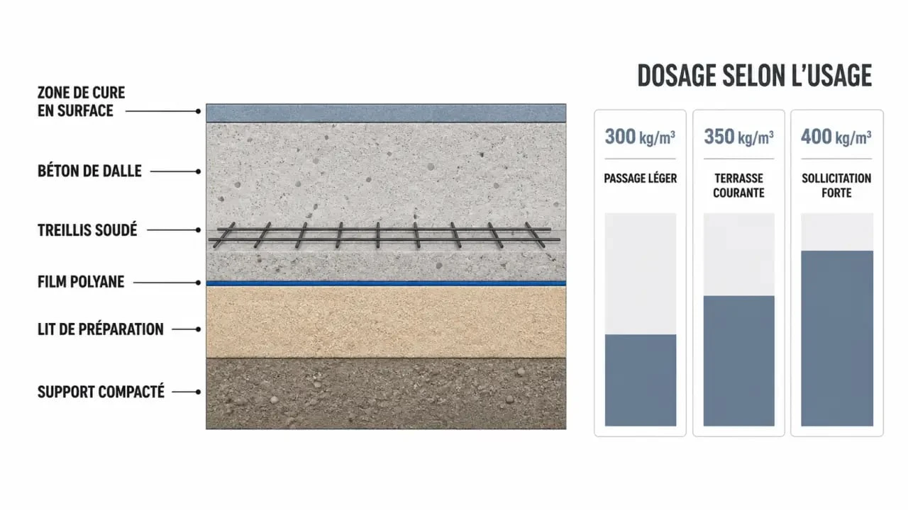 Béton dalle dosage : coupe de dalle et comparaison des dosages 300, 350 et 400 kg/m³