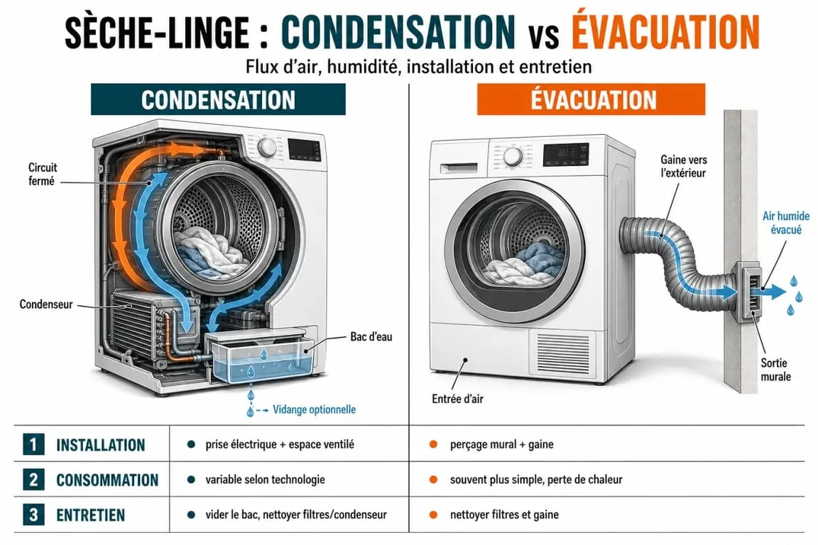 Sèche linge condensation ou évacuation différence : comparaison visuelle entre installation, consommation et entretien