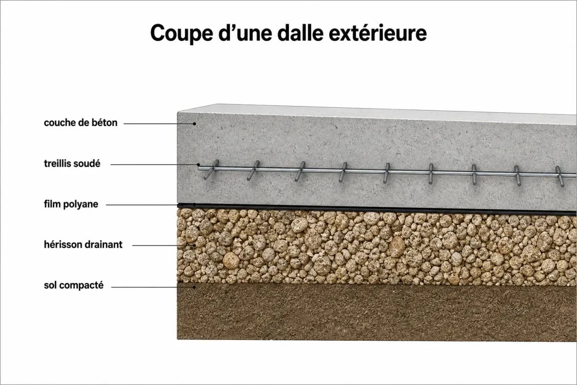 Beton pour dalle exterieur : schéma des couches d'une dalle extérieure en coupe