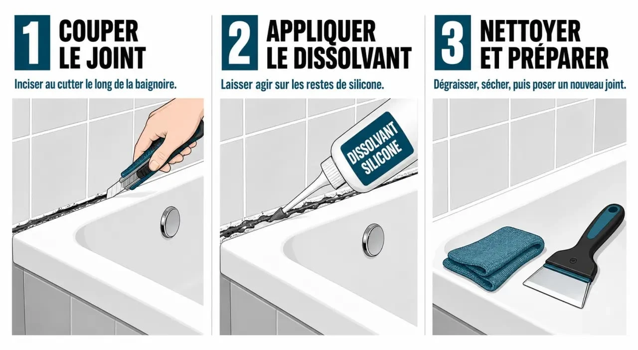 Comment enlever silicone : illustration des étapes pour couper, ramollir et nettoyer un vieux joint autour d'une baignoire