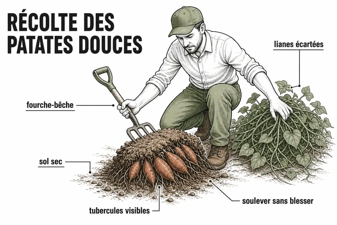 Quand récolter les patates douces : arrachage délicat à la fourche-bêche