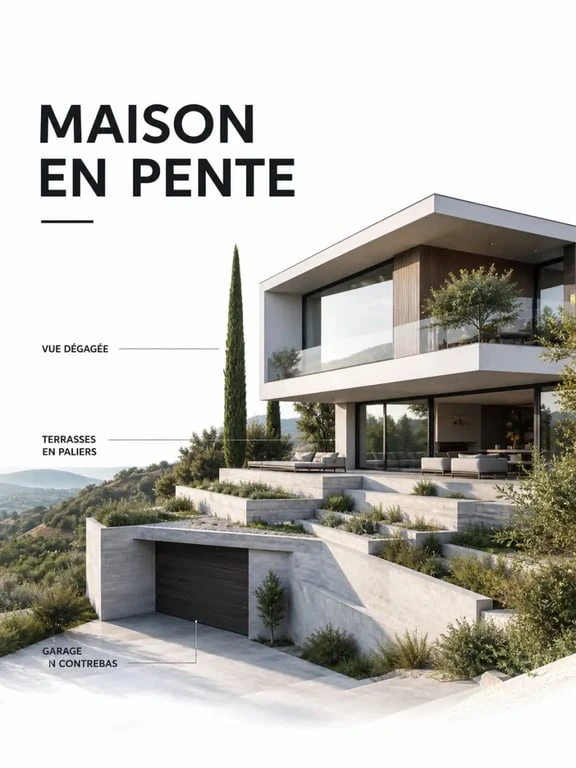 Maison sur terrain en pente intégrée au relief avec terrasse et garage en contrebas
