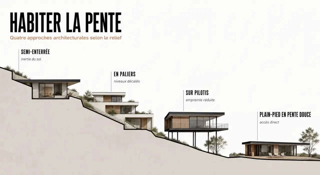 Maison sur terrain en pente : comparaison visuelle des solutions semi-enterrée, en paliers et sur pilotis