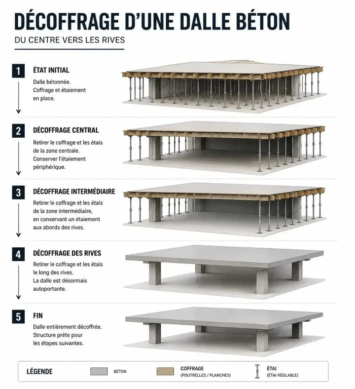 Schéma technique du processus de décoffrage béton étape par étape