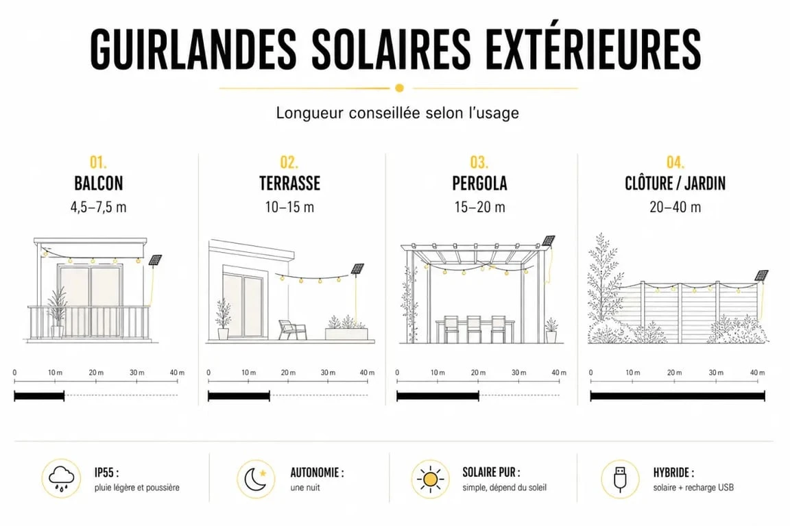 Comparatif des guirlandes solaires extérieures selon la longueur, l’autonomie et l’usage extérieur
