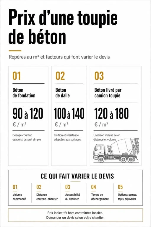 Prix de la toupie de beton : infographie des tarifs au m³ et des facteurs qui font varier le devis