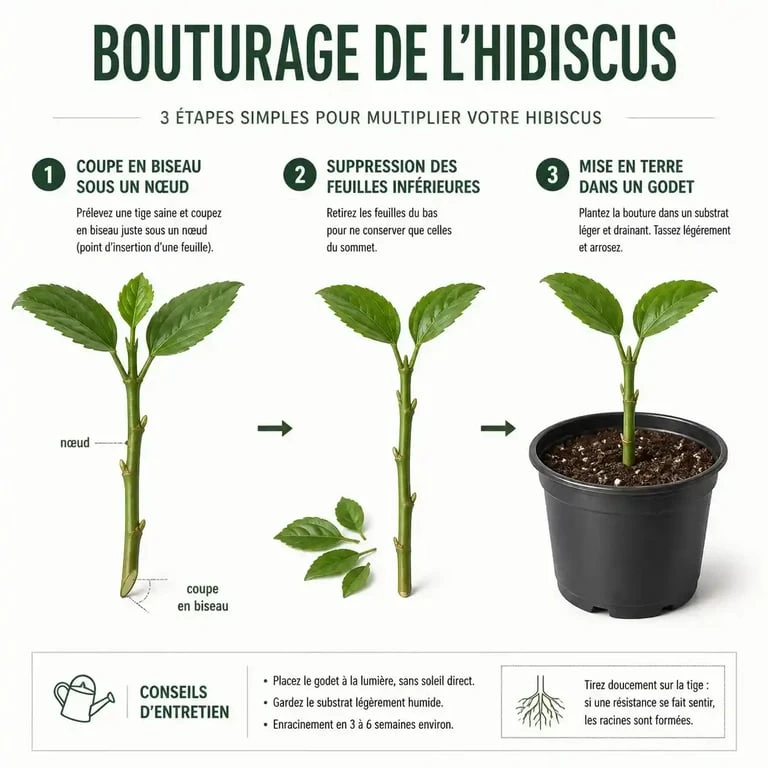 Étapes du bouturage d'un hibiscus extérieur : coupe, préparation de la tige et mise en terre