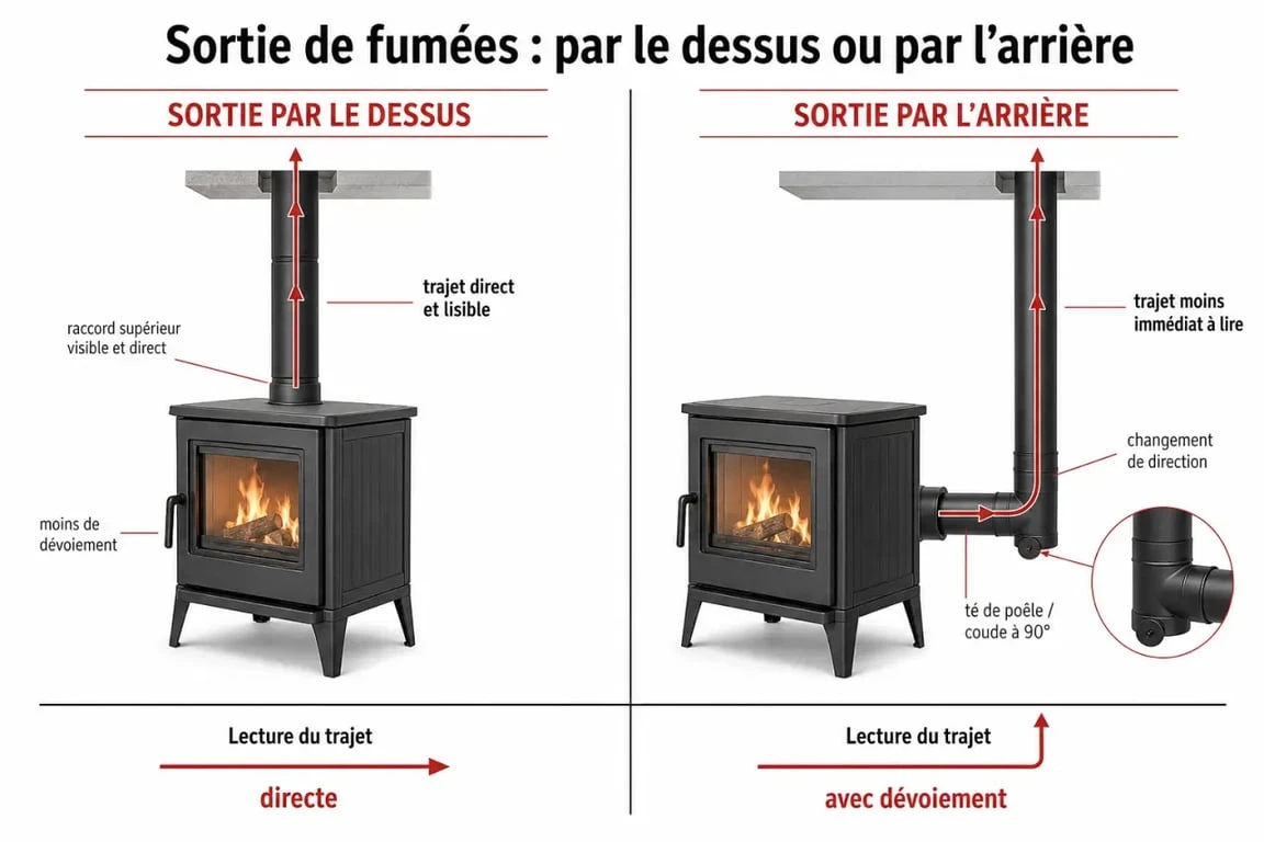 Schéma installation poêle à bois comparant la sortie dessus et la sortie arrière