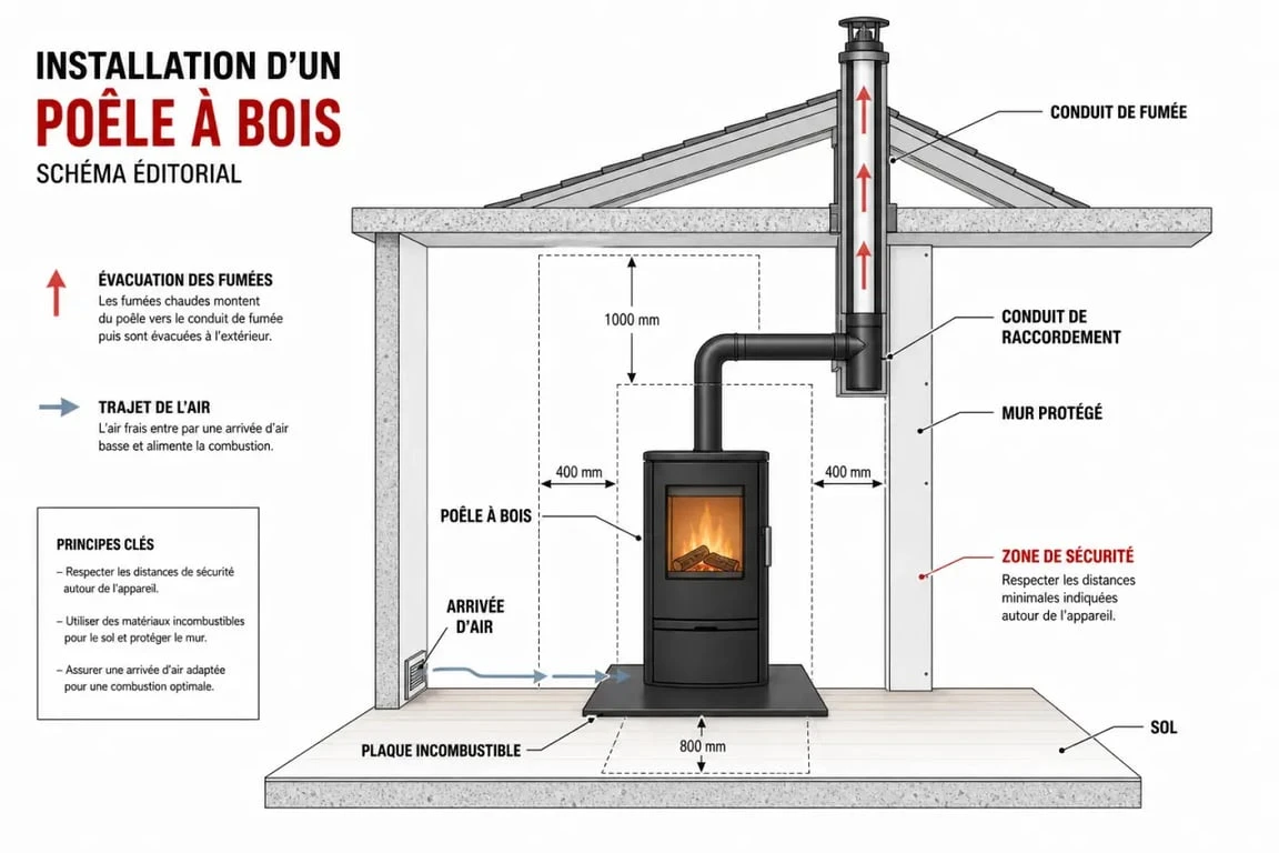 Schéma installation poêle à bois montrant le poêle, le conduit de raccordement, le conduit de fumée et les distances de sécurité