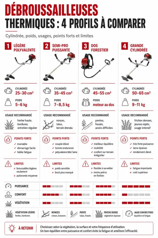 Comparatif débroussailleuse thermique : cylindrée, poids et usage selon le terrain