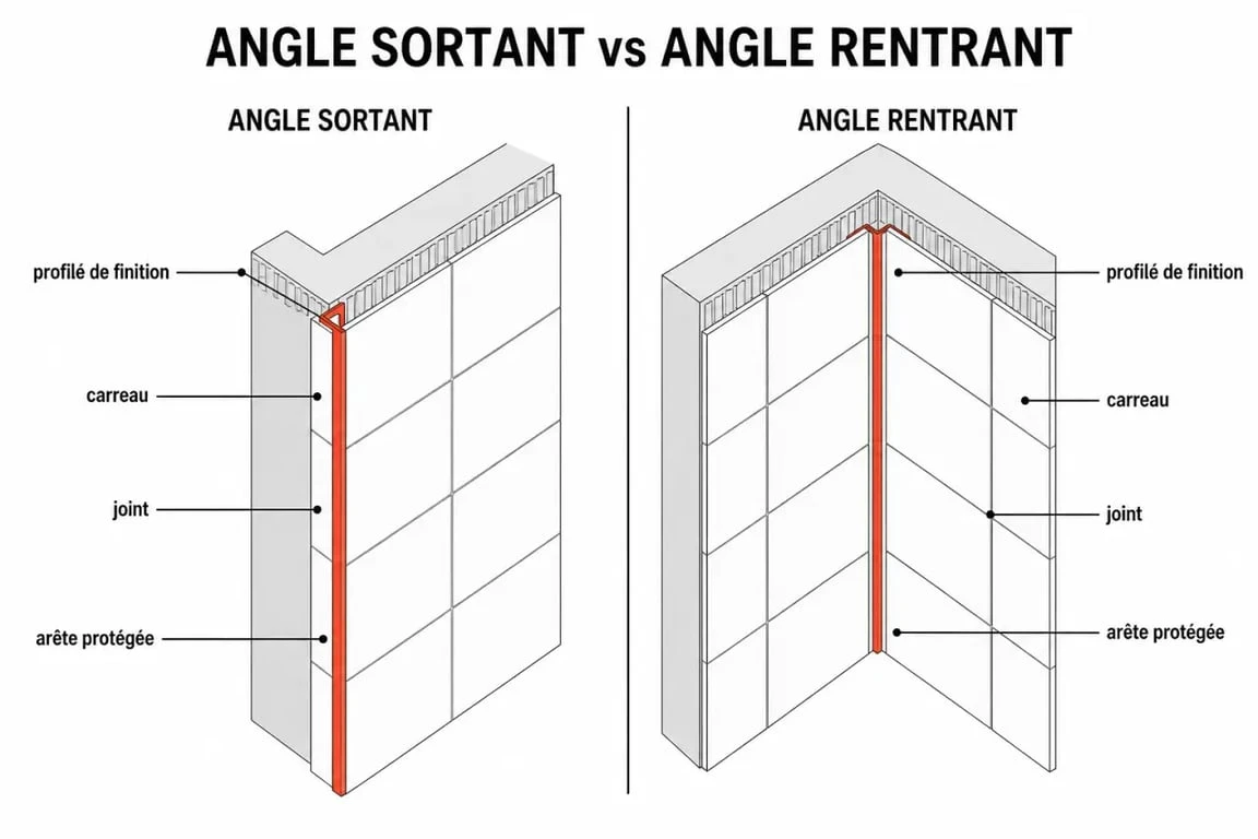 Différence entre angle sortant et angle rentrant pour la pose de baguettes angles carrelage