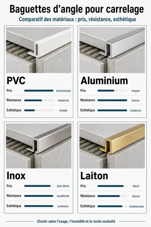 Tableau comparatif des matériaux pour baguettes angles carrelage : PVC, Aluminium, Inox, Laiton