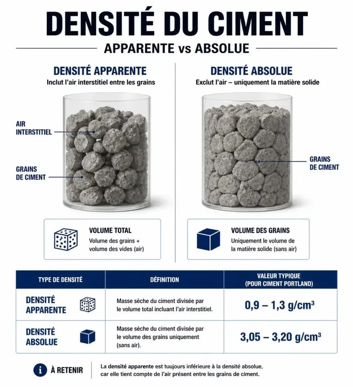 Comparaison visuelle entre densité apparente et densité absolue du ciment pour le dosage du béton