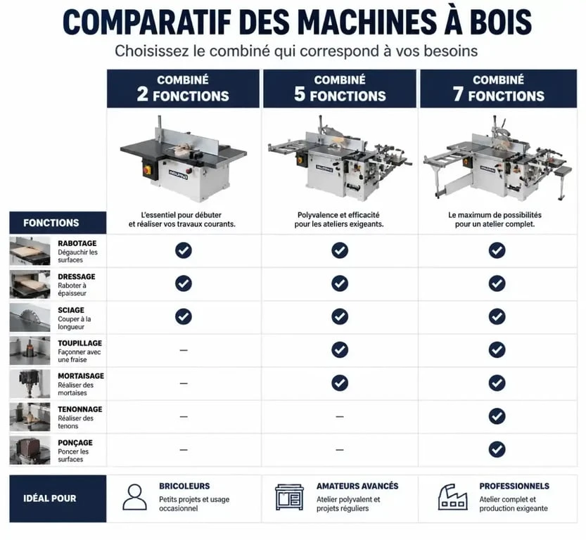 Comparatif des types de machines pour travailler le bois selon le nombre de fonctions.