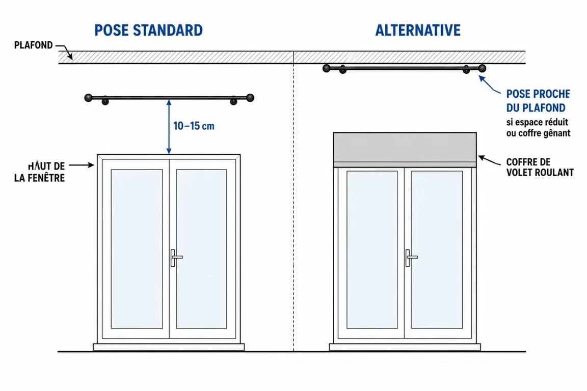 Distance tringle rideau plafond : schéma visuel de pose murale et pose au plafond avec repères de hauteur