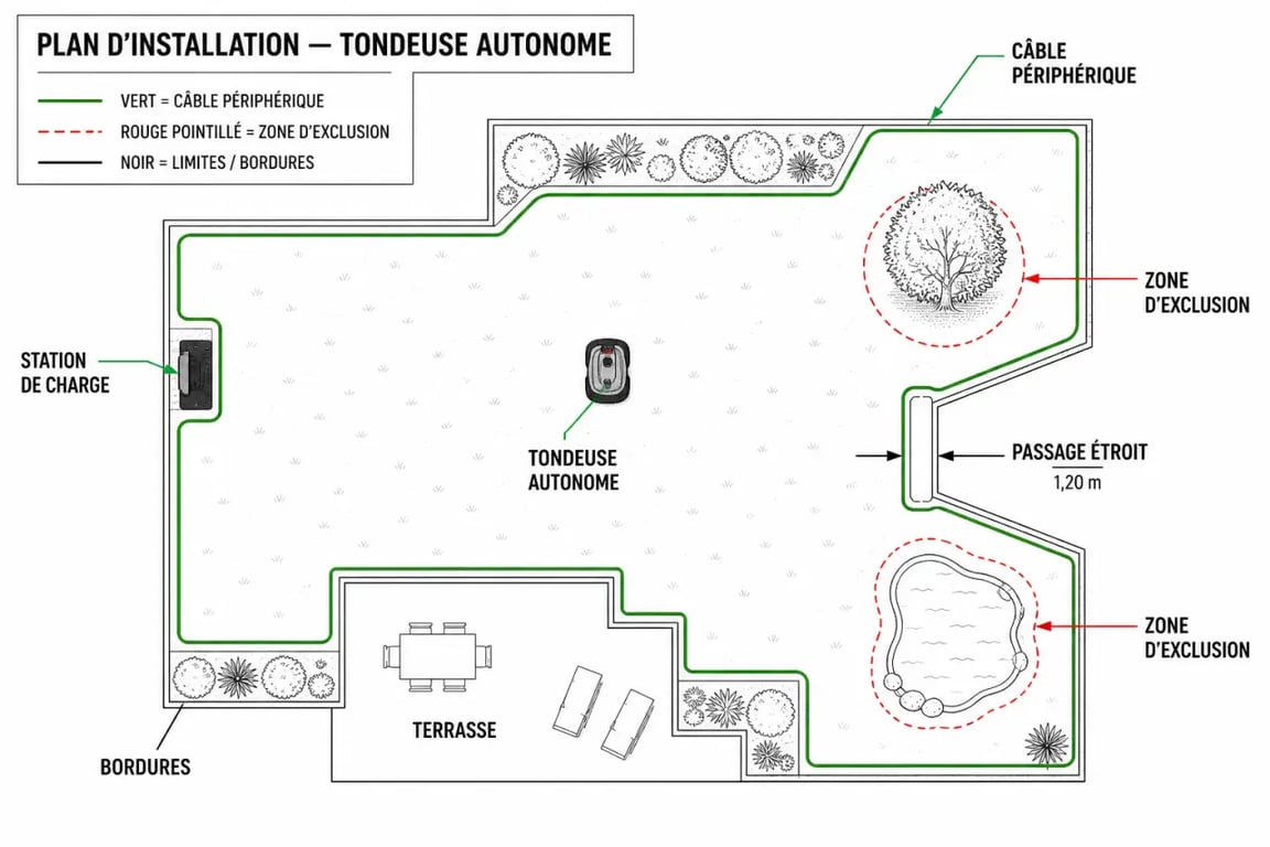 Optimiser l'entretien de son jardin avec une tondeuse autonome : schéma du câble périphérique et de la station de charge