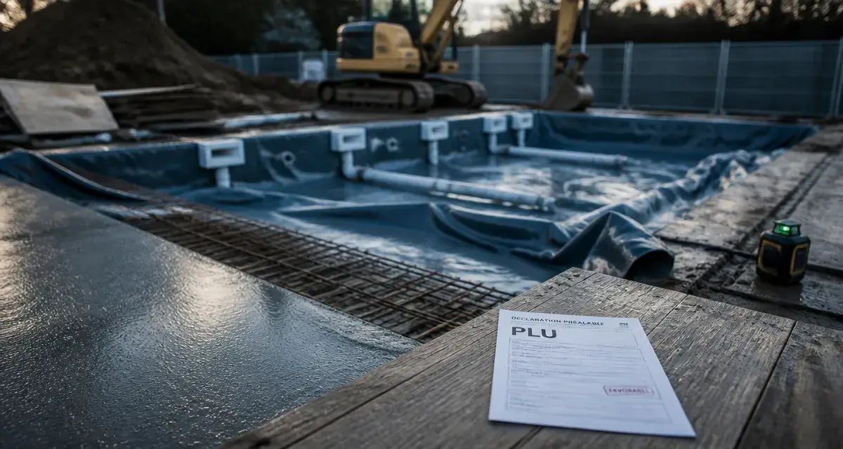 Fabrication d une piscine : chantier piscine enterrée, dalle béton et géomembrane, feuille PLU