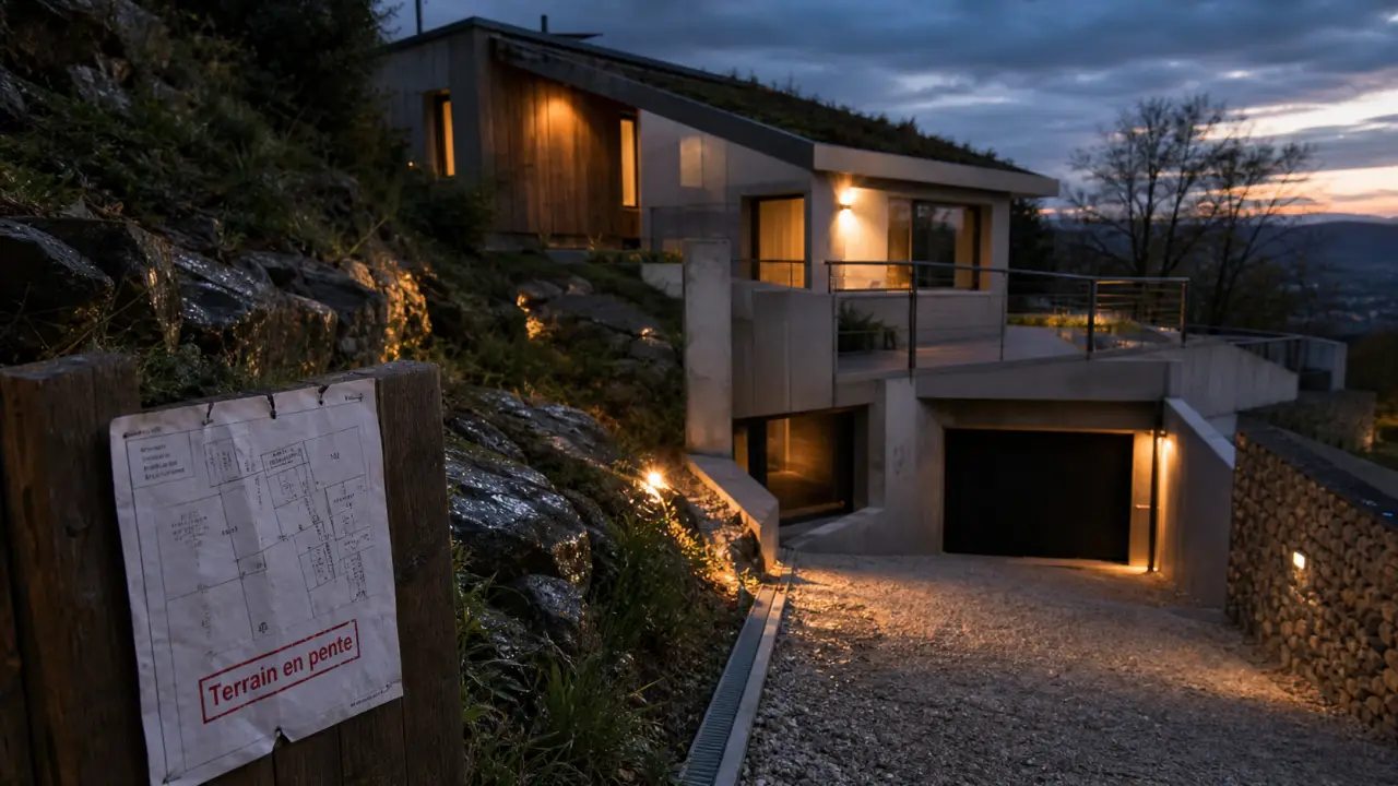Maison sur terrain en pente : terrasse et enrochements sur coteau