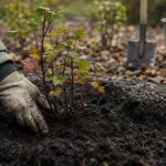 Planter groseiller : main plante un jeune arbuste au sol en automne