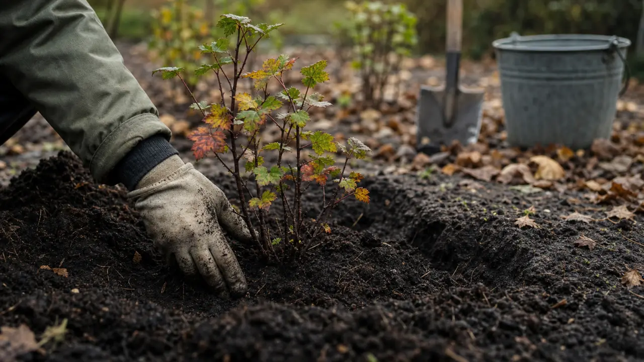 Planter groseiller : main plante un jeune arbuste au sol en automne
