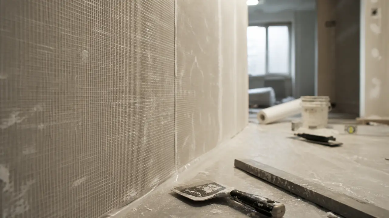 Pose toile de verre murale : mur beige encollé, lés visibles