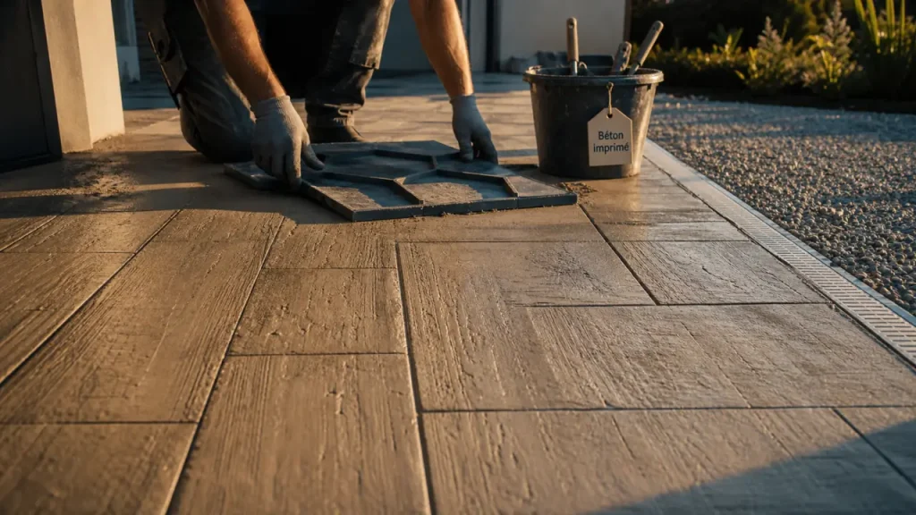 Prix béton imprimé m2 : terrasse en béton imprimé fini posé