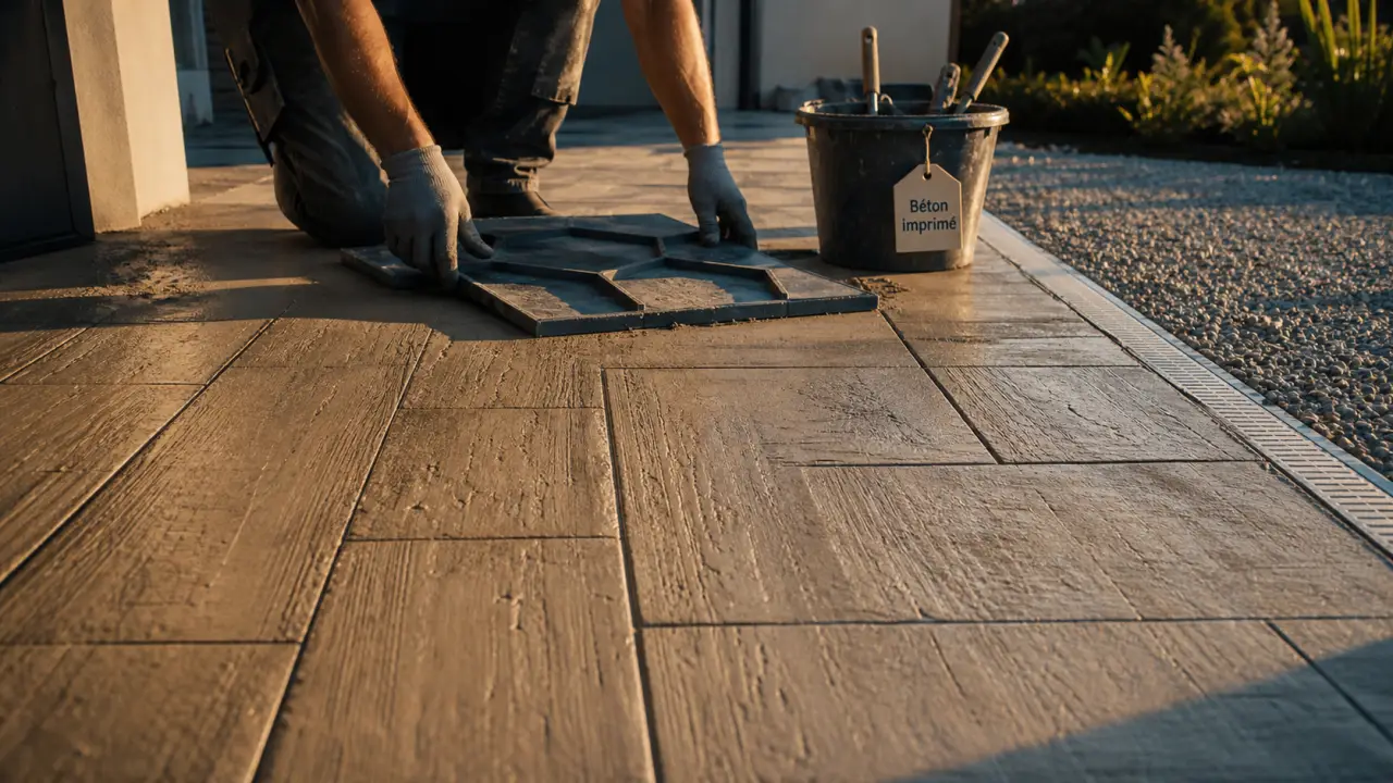 Prix béton imprimé m2 : terrasse en béton imprimé fini posé