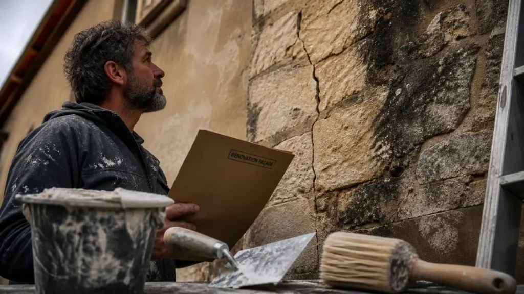 Renovation facade maison : artisan examine fissures, enduit et bardage de façade