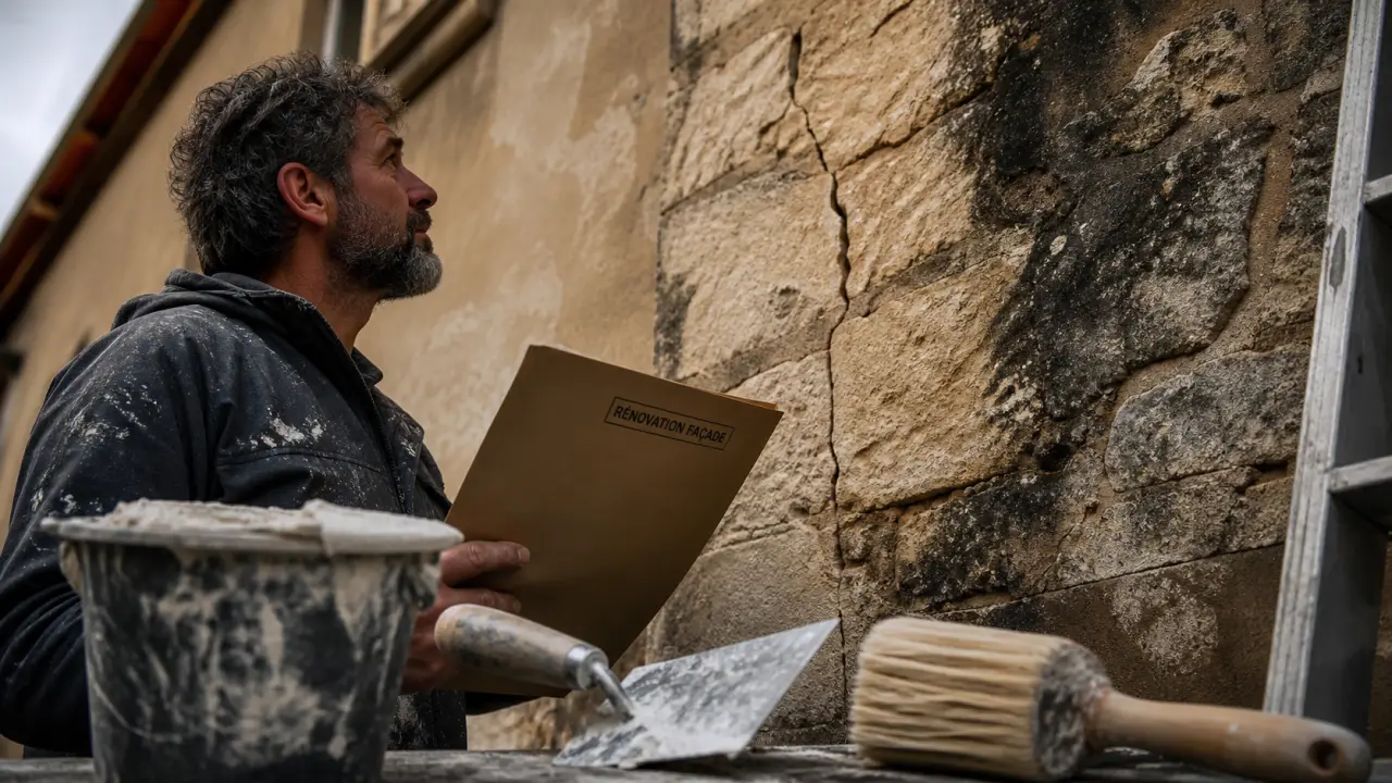 Renovation facade maison : artisan examine fissures, enduit et bardage de façade