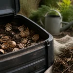 Coquilles de noix dans composteur concassées, compost domestique ouvert