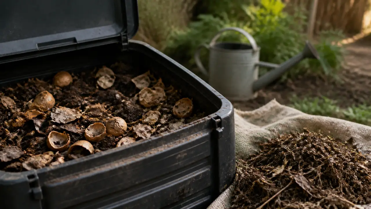 Coquilles de noix dans composteur concassées, compost domestique ouvert