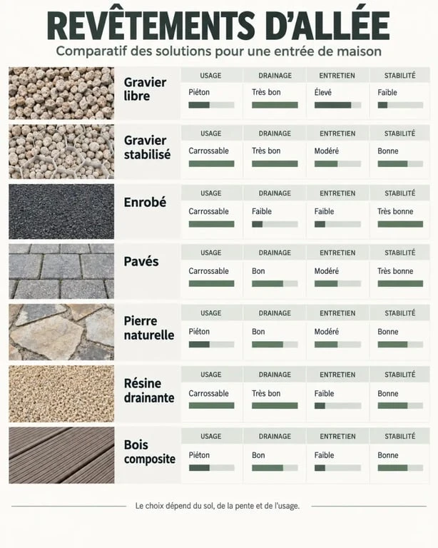 Aménagement allée entrée maison : comparaison visuelle des revêtements et de leurs usages