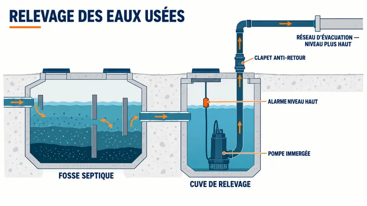 Schéma du circuit d'une pompe pour fosse septique avec cuve de relevage et clapet anti-retour
