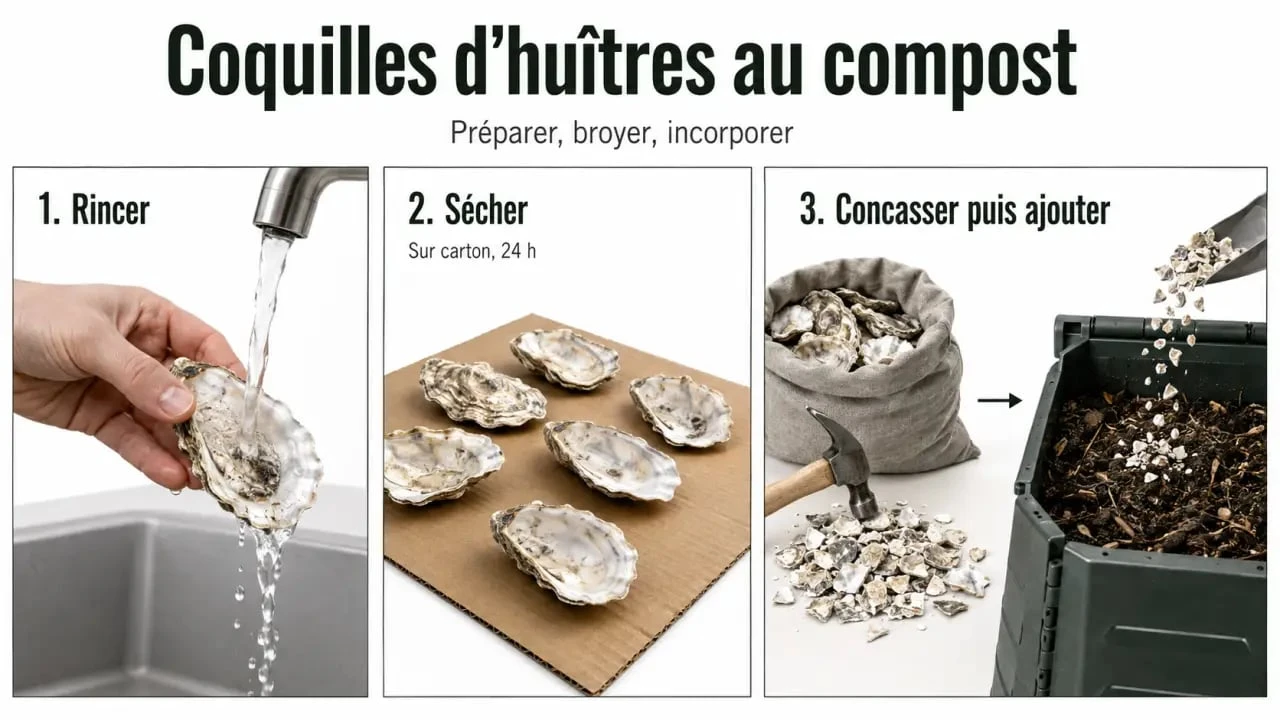 Coquille huitre compost : rinçage, séchage et broyage avant compostage au jardin