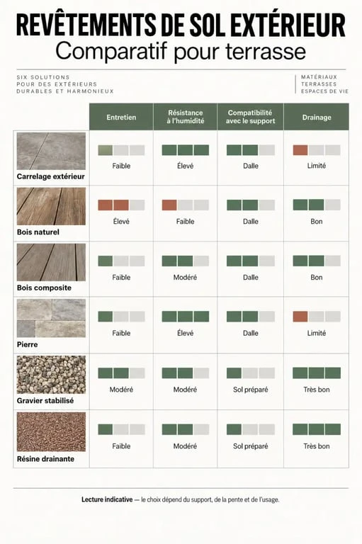 Revêtement sol extérieur terrasse : comparaison des matériaux, de l’entretien et du drainage
