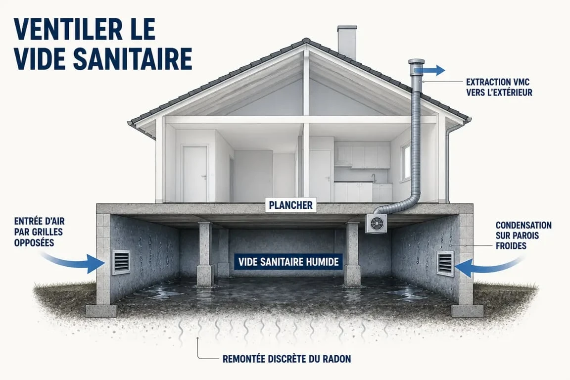VMC pour vide sanitaire en coupe avec circulation d’air, humidité et radon