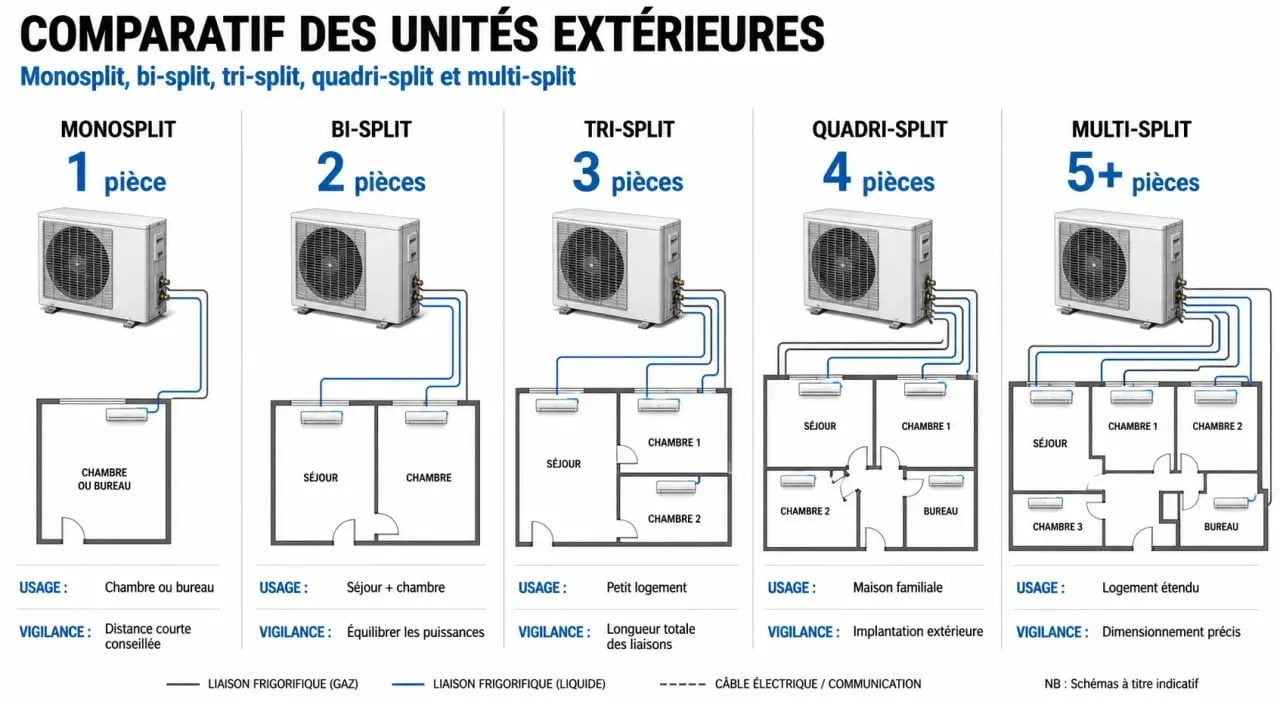 Comparatif unité extérieure clim monosplit, bi-split, tri-split, quadri-split et multi-split