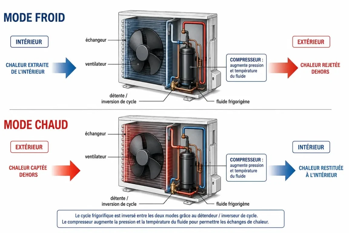 Fonctionnement d’une unité extérieure clim en mode froid et chaud