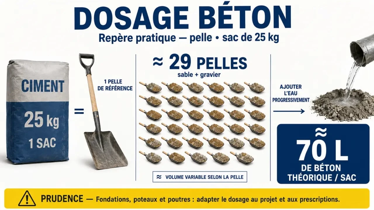Dosage béton pelle sac 25 kg avec 29 pelles de mélange sable-gravier et ajout progressif de l'eau